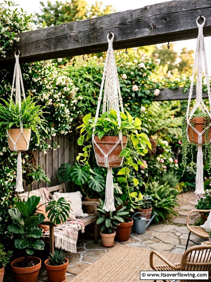 Macrame hanging baskets boho style - 25 cheap garden ideas with hanging baskets