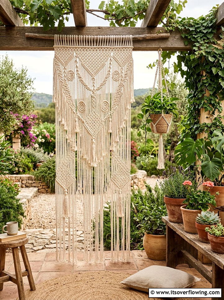 Macrame outdoor curtain panels - 25 garden decor ideas with pergola curtains