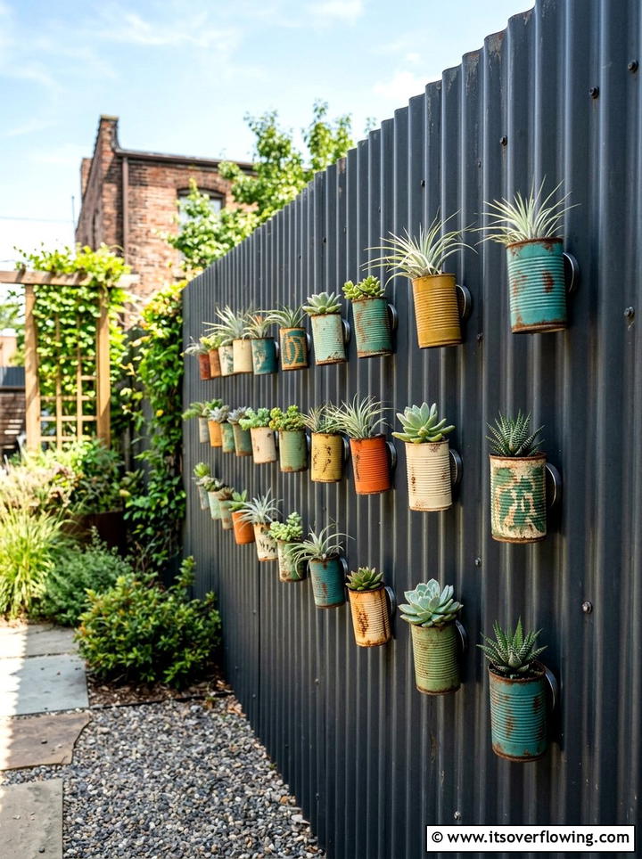 Magnetic Fence Planters - 25 upcycled garden ideas with tin cans