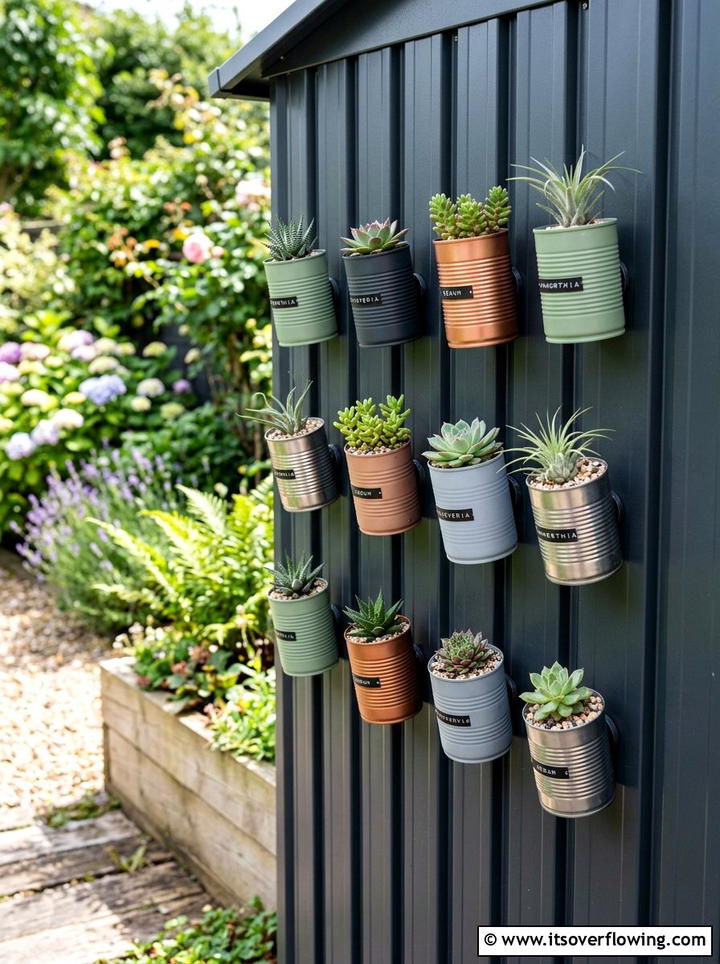 Magnetic Tin Can Flower Pot - 25 upcycled garden ideas with old cans