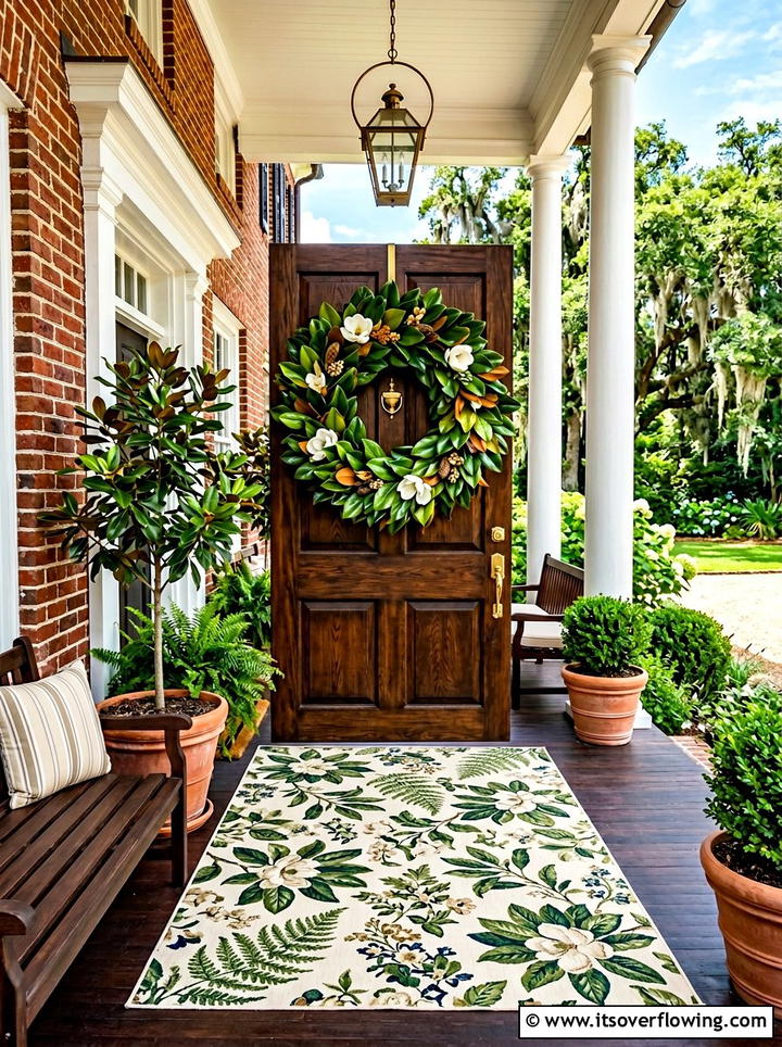 Magnolia Leaf Display - 25 front porch ideas with seasonal wreaths