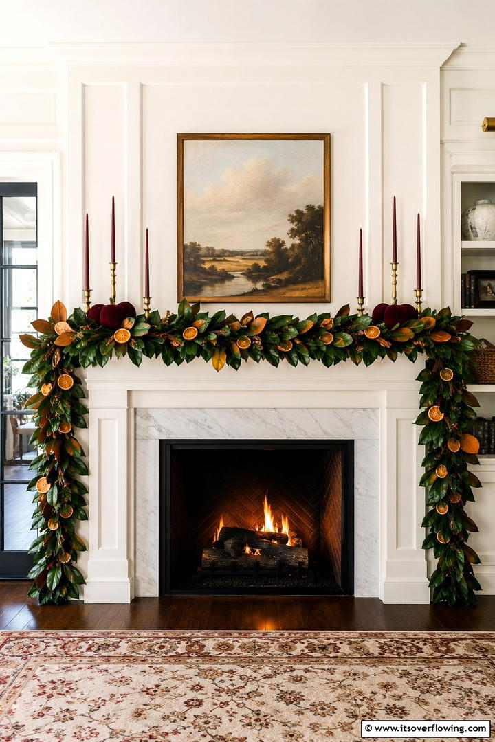 Magnolia Leaf Garland Display - 50 Fall Fireplace Decor Ideas to Warm Autumn Gatherings