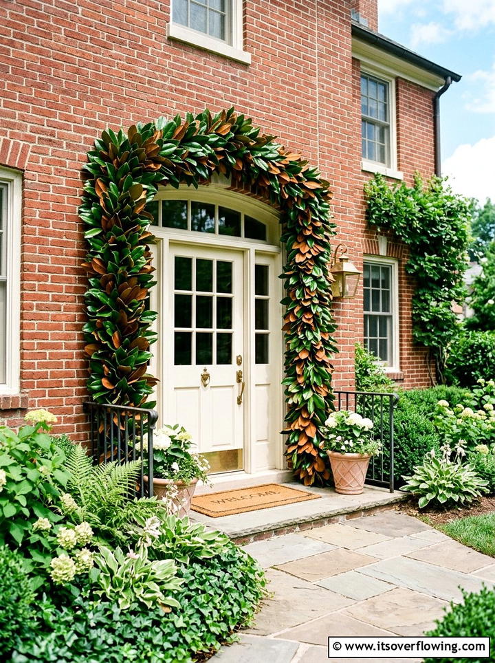 Magnolia leaf door frame - 25 front porch ideas with door garland