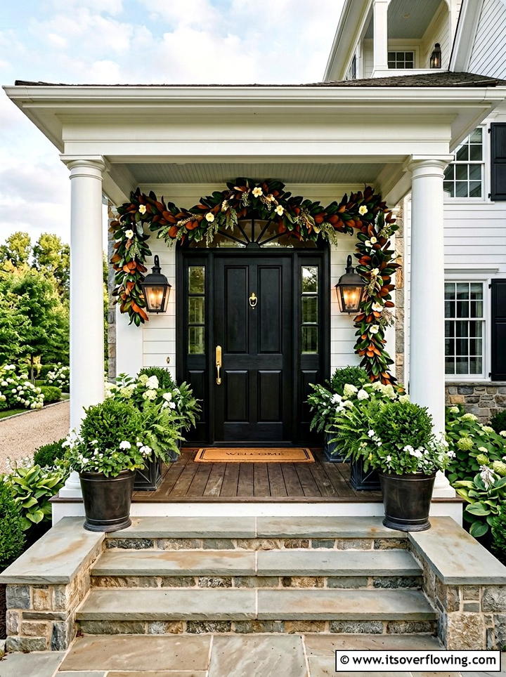 Magnolia leaf garland - 25 front porch decor ideas with year round greenery
