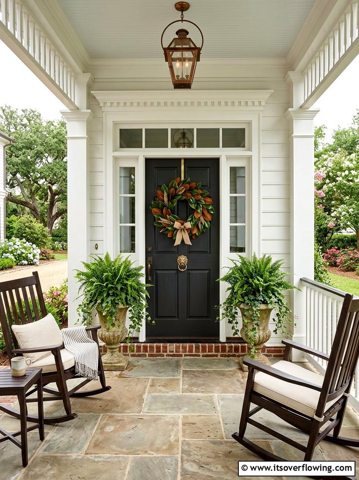 Magnolia leaf wreath porch - 25 front porch decor ideas with wreaths