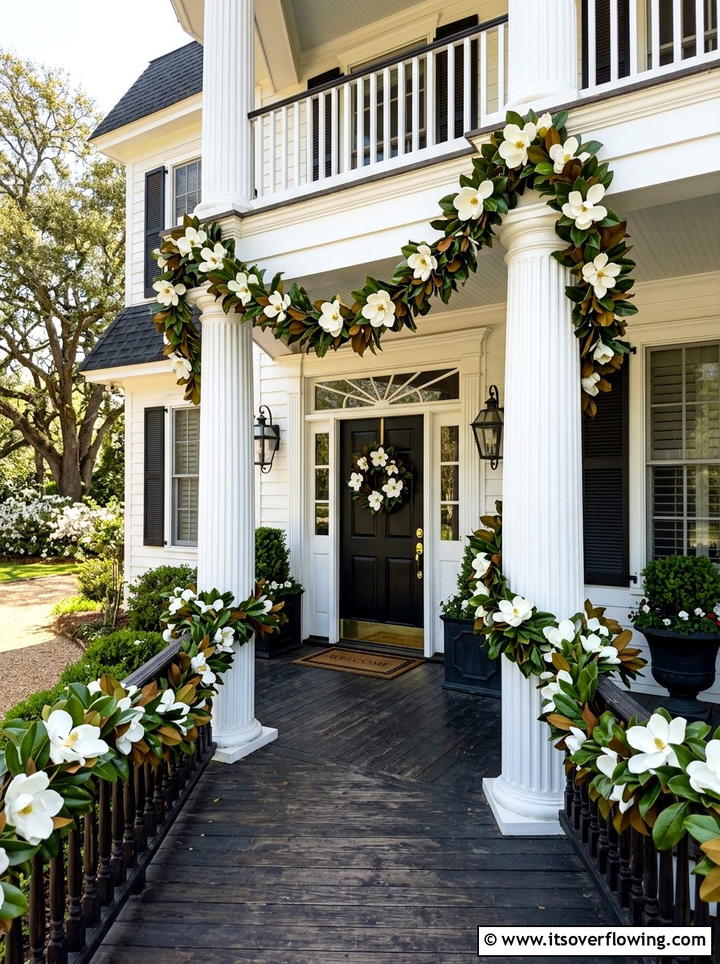 Magnolias front porch garland - 25 front porch ideas with floral garland