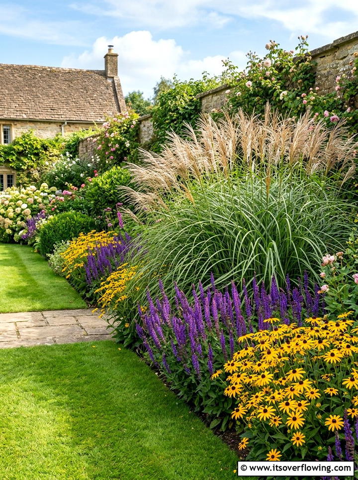 Maiden grass perennial border - 25 backyard ideas with ornamental grasses