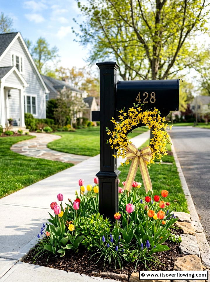 Mailbox Post Wreath - 25 garden decor ideas with seasonal wreaths