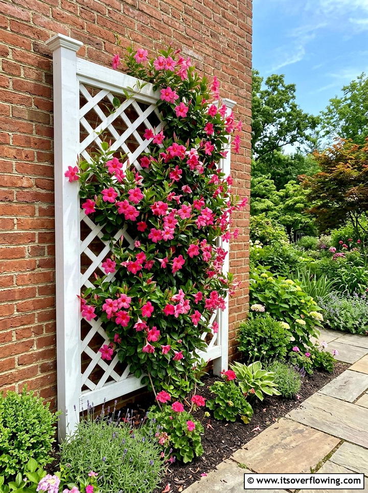 Mandevilla vine on porch trellis - 25 front porch ideas with sun loving plants