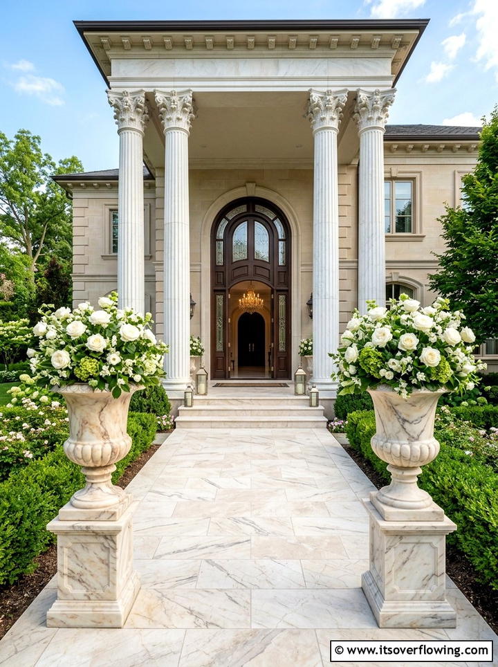 Marble Effect Entry Urns - 25 front porch decor ideas with pedestal planters