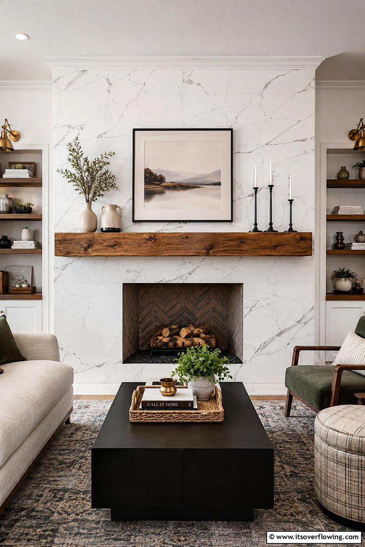 Marble and Wood Fusion - 25 Elegant Marble Fireplace Ideas for a Luxurious Look