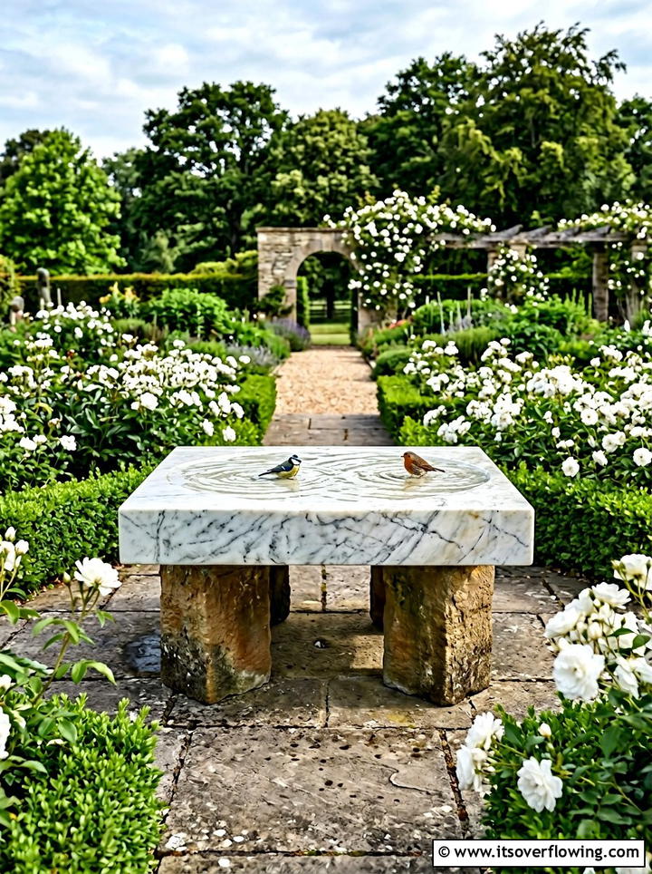 Marble bird bath - 25 upcycled garden ideas with bird baths