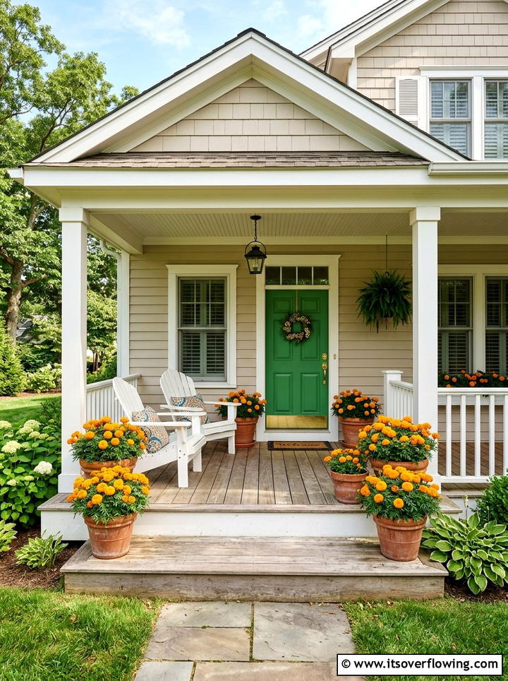 Marigold container garden - 25 front porch ideas with cat safe plants