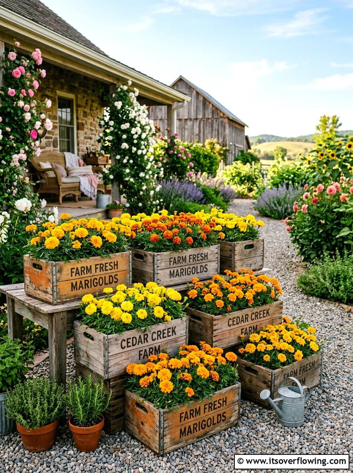 Marigold flowers in wooden crates - 25 front porch ideas with sun loving plants