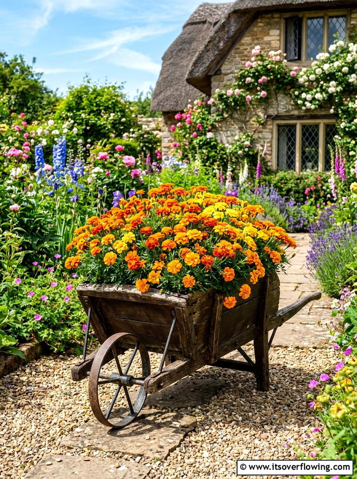 Marigold wheelbarrow planter - 25 upcycled garden ideas with old wheelbarrows
