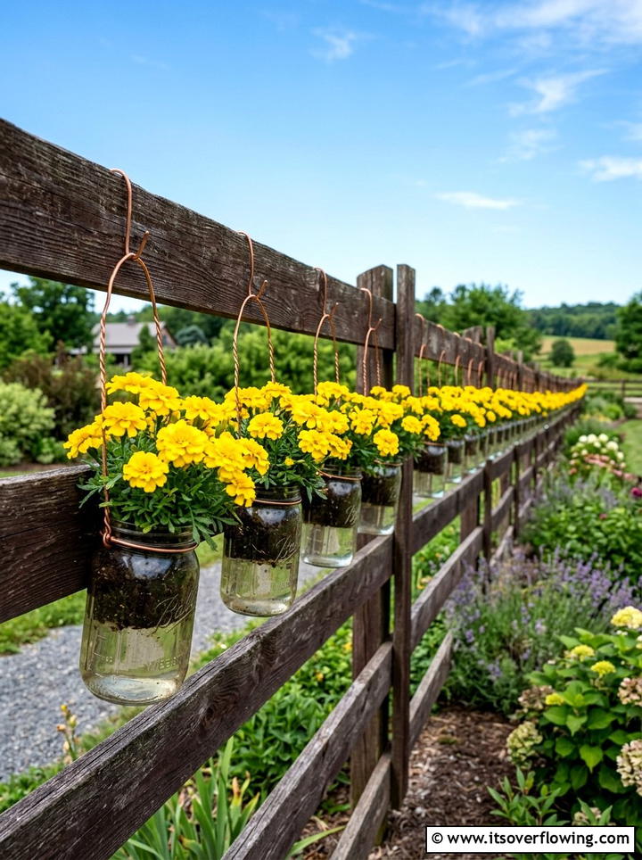 Mason Jar Fence Planter - 25 upcycled garden ideas with mason jars