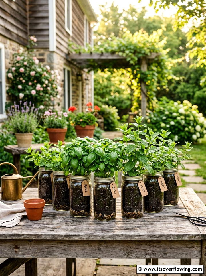 Mason Jar Herb Garden - 25 upcycled garden ideas with mason jars
