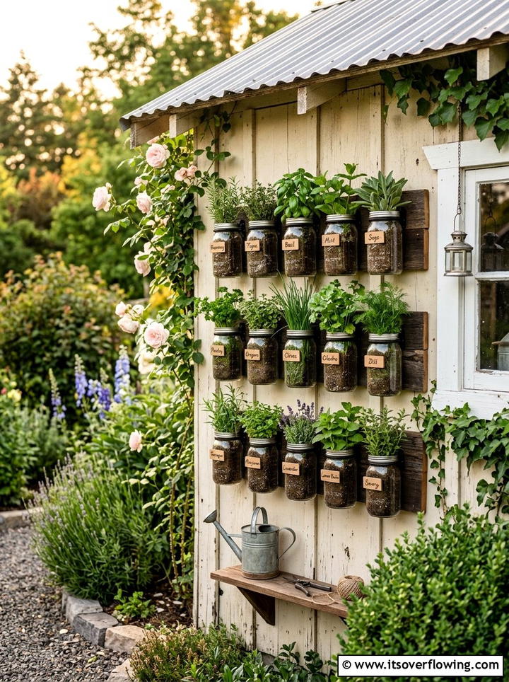 Mason Jar Herb Wall - 25 cheap garden ideas with simple planters