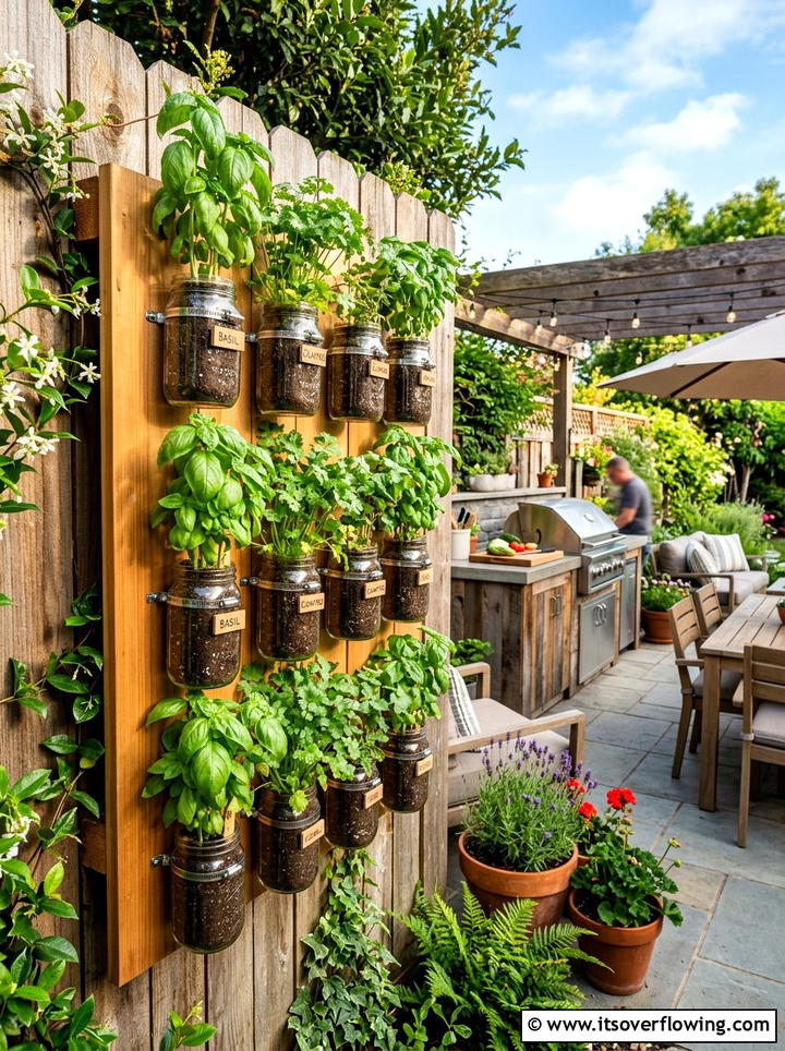 Mason Jar Herb Wall - 25 recycled garden ideas with old kitchenware