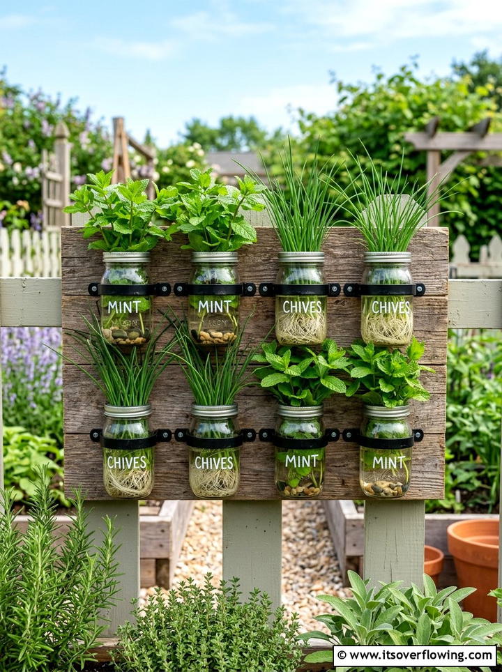 Mason Jar Herb Wall - 25 upcycled garden ideas for community gardens
