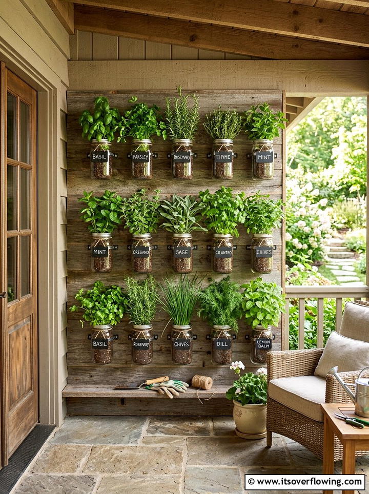 Mason Jar Herb Wall - 25 backyard decorating ideas with herb stations