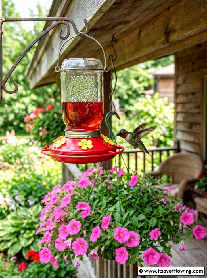 Mason Jar Hummingbird Feeder - 25 upcycled garden ideas with mason jars
