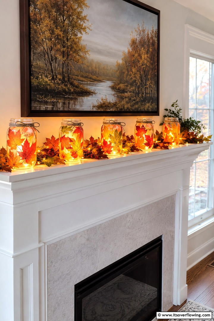 Mason Jar Leaf Luminaries - 50 Fall Leaves Decor Ideas to Brighten Autumn Rooms