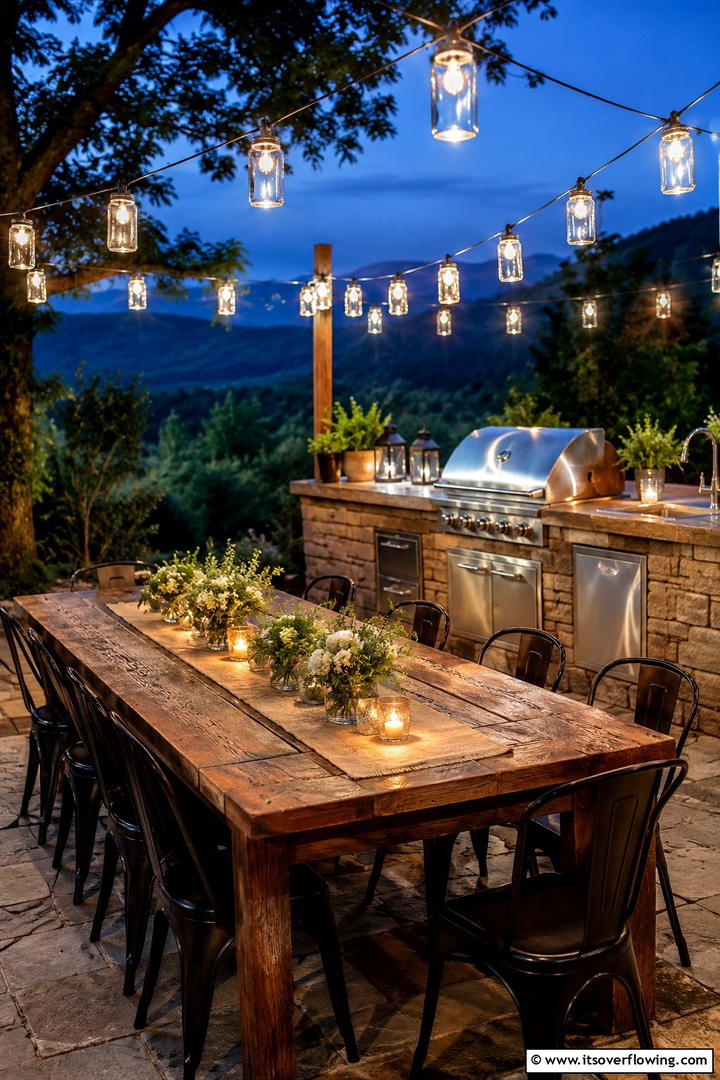 Mason Jar Lighting - 30 Rustic Outdoor Kitchen Ideas for Al Fresco Dining