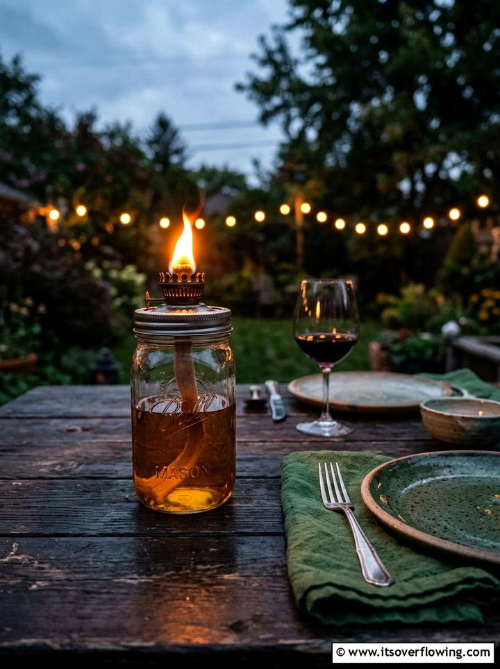 Mason Jar Oil Lamp - 25 upcycled garden ideas with mason jars
