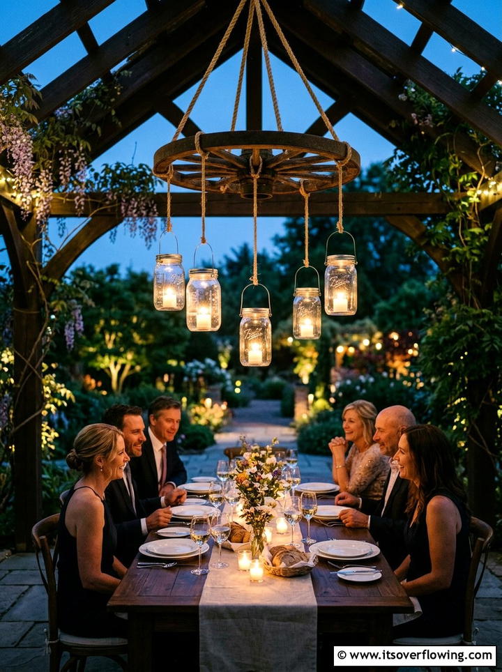 Mason Jar Outdoor Chandelier - 25 upcycled garden ideas with mason jars