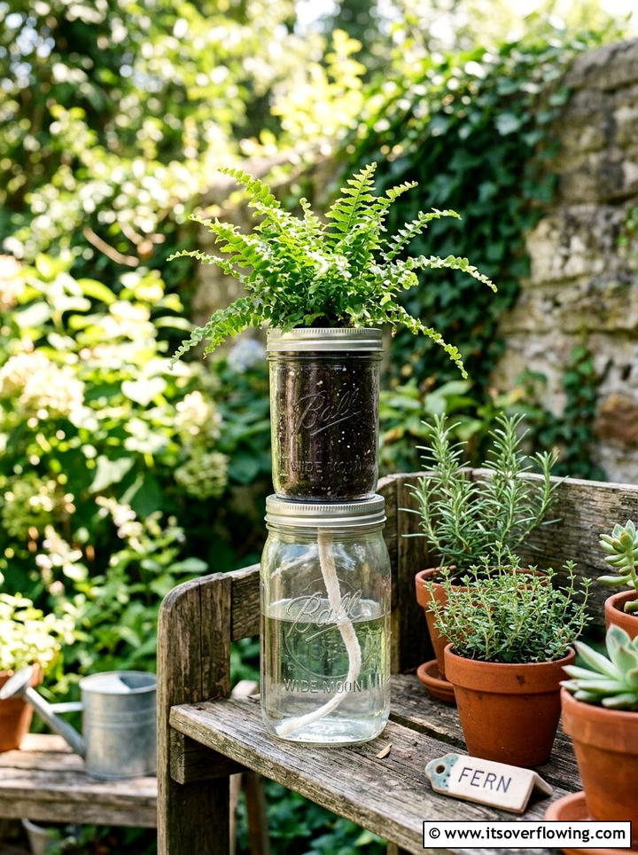 Mason Jar Self Watering Planter - 25 upcycled garden ideas with mason jars