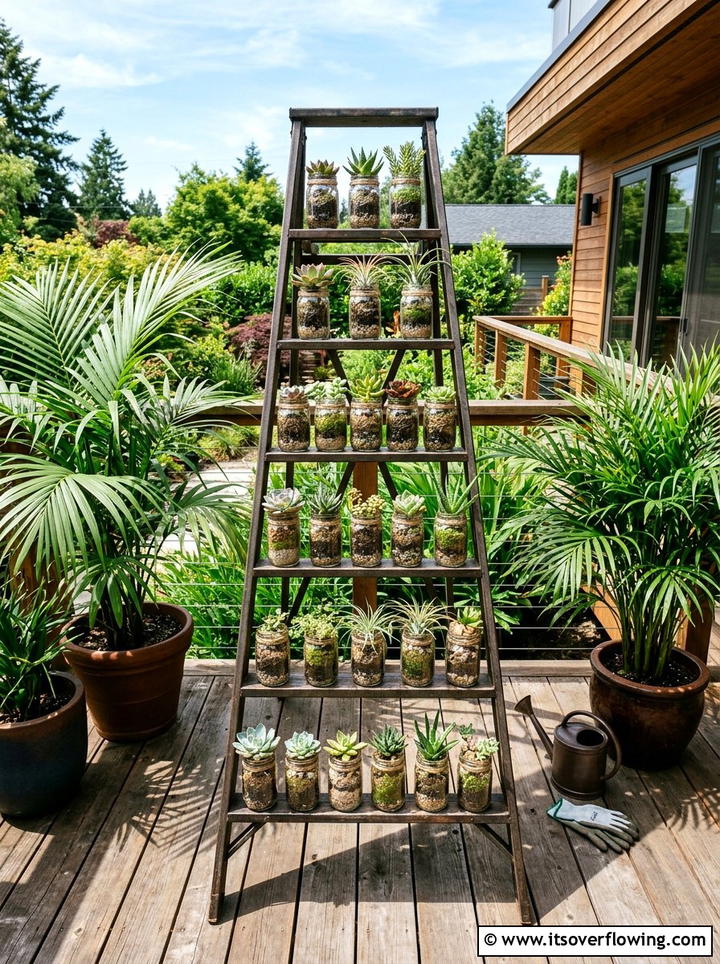 Mason Jar Tiered Planter Stand - 25 upcycled garden ideas with mason jars