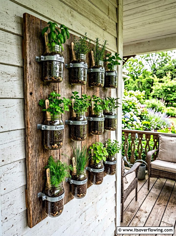 Mason Jar Wall - 25 cheap garden ideas with vertical gardens