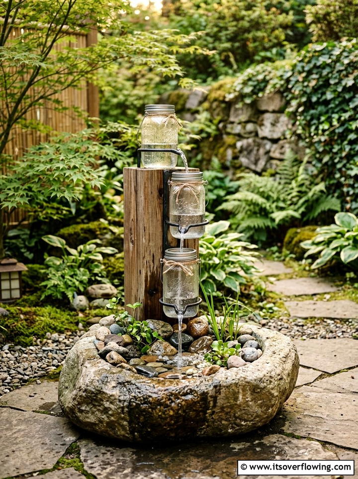 Mason Jar Water Feature - 25 garden decor ideas with mason jars