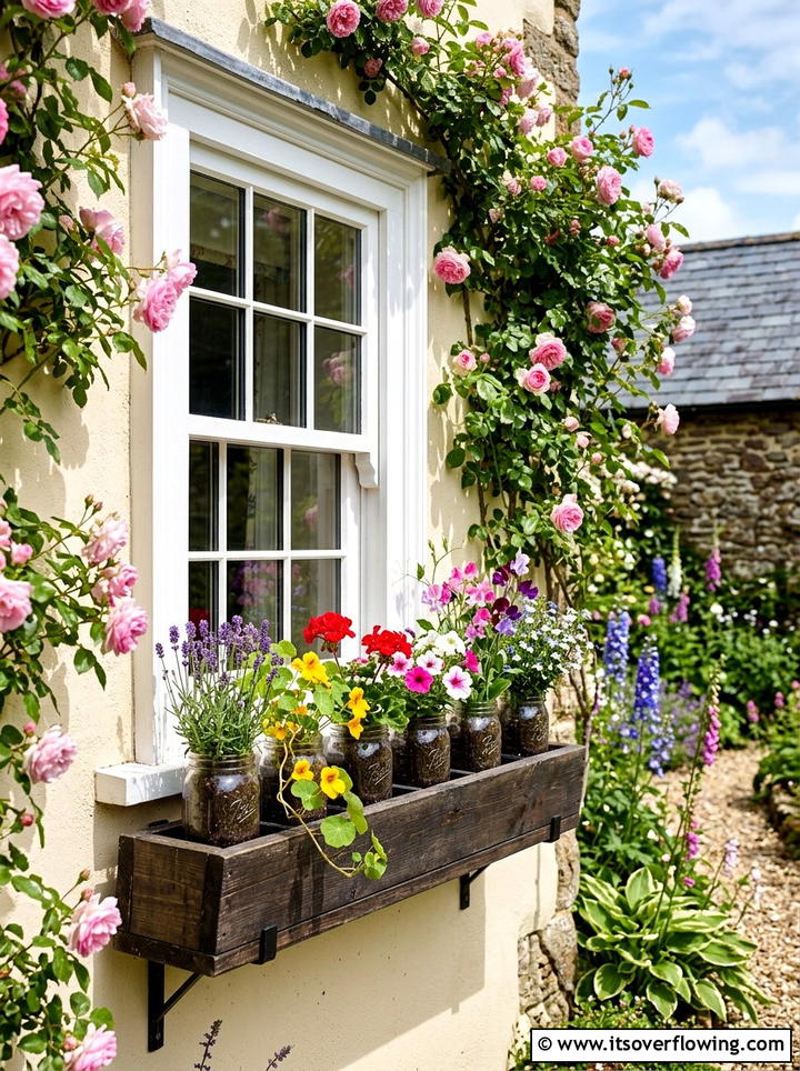 Mason Jar Window Box - 25 upcycled garden ideas with mason jars