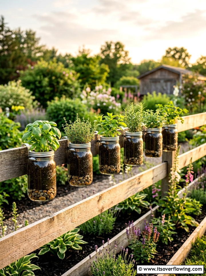 Mason jar fence planter - 25 upcycled garden ideas for narrow spaces