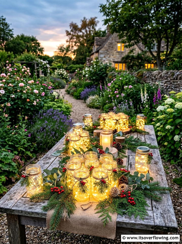 Mason jar light displays - 25 backyard decorating ideas with holiday lights