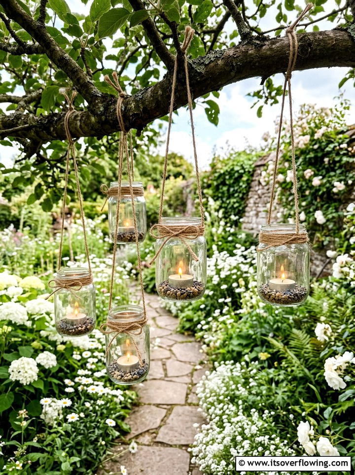 Mason jar tea lights with twine - 25 garden decor ideas with tea lights