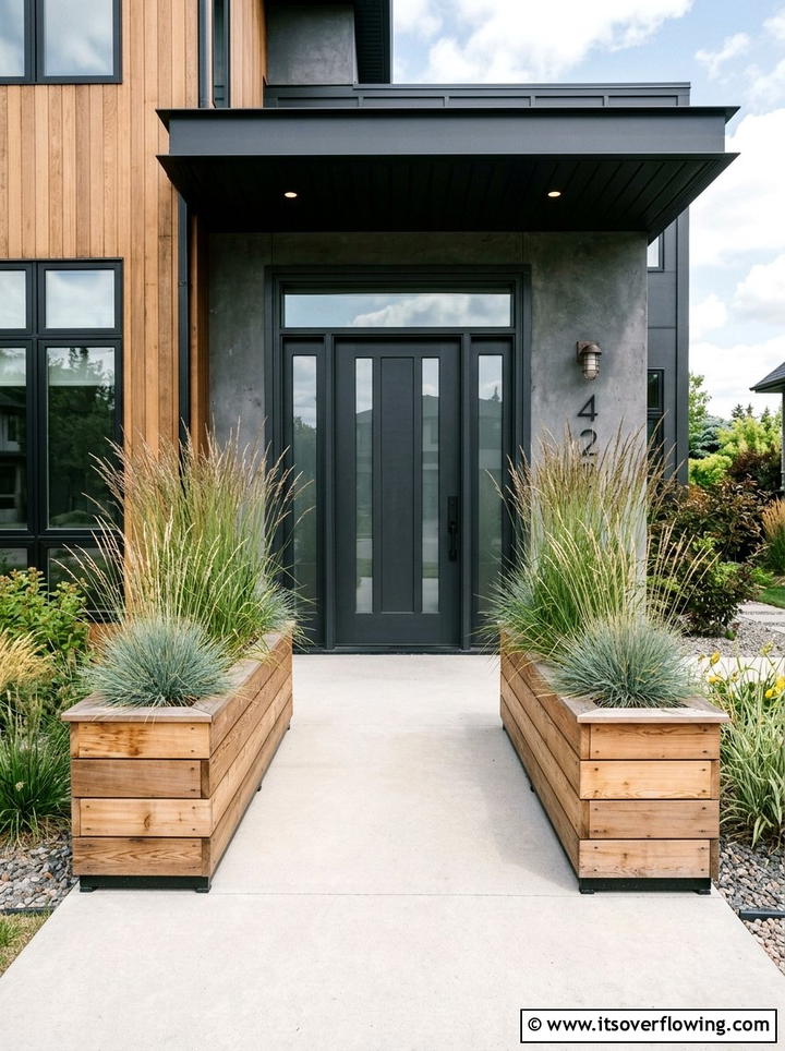 Matching Cedar Planters - 25 front porch decor ideas with symmetrical layout