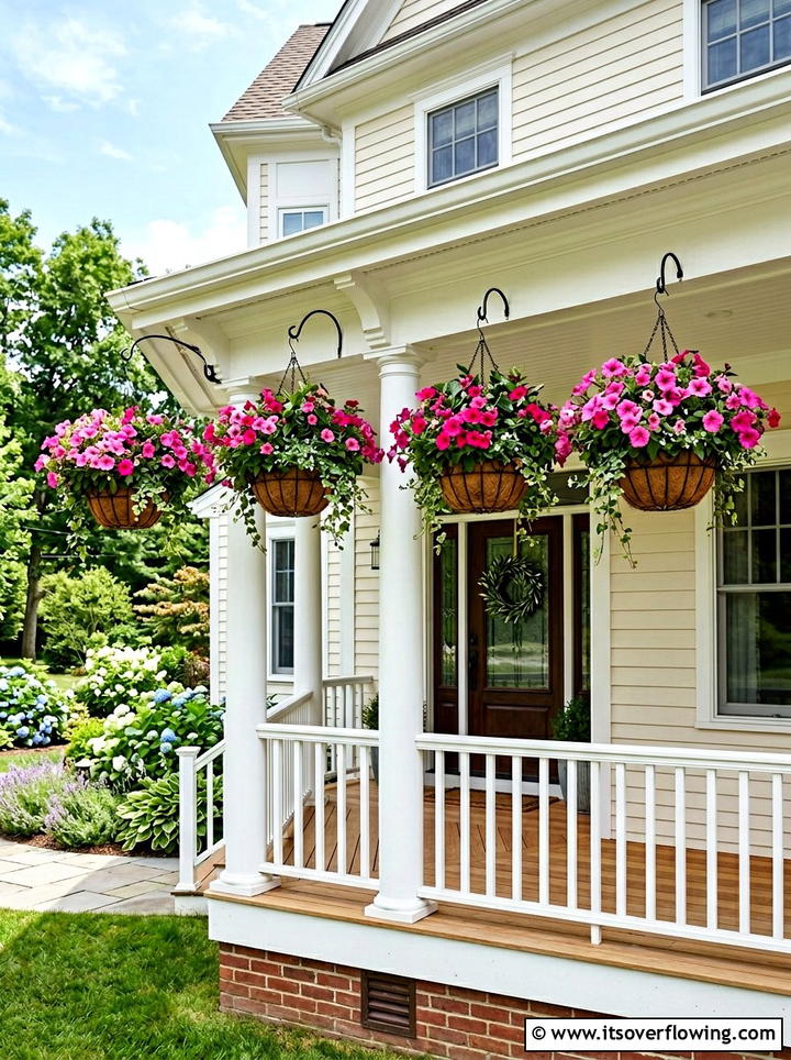 Matching Hanging Flower Baskets - 25 front porch decor ideas with symmetrical layout