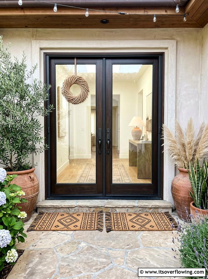 Matching Welcome Mats - 25 front porch decor ideas with symmetrical layout