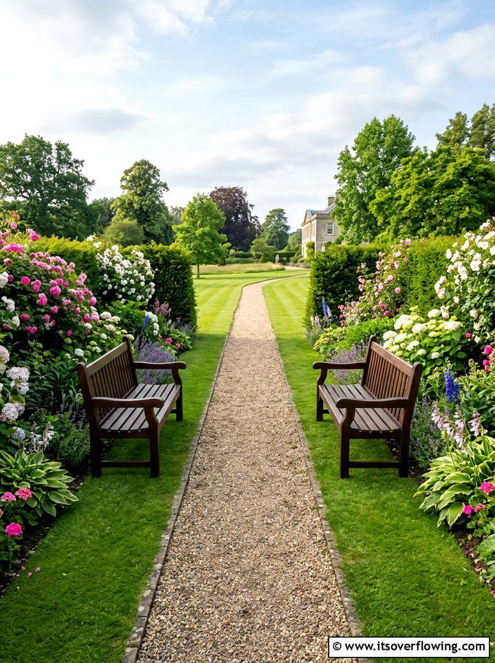 Matching garden benches - 25 garden design ideas with symmetry