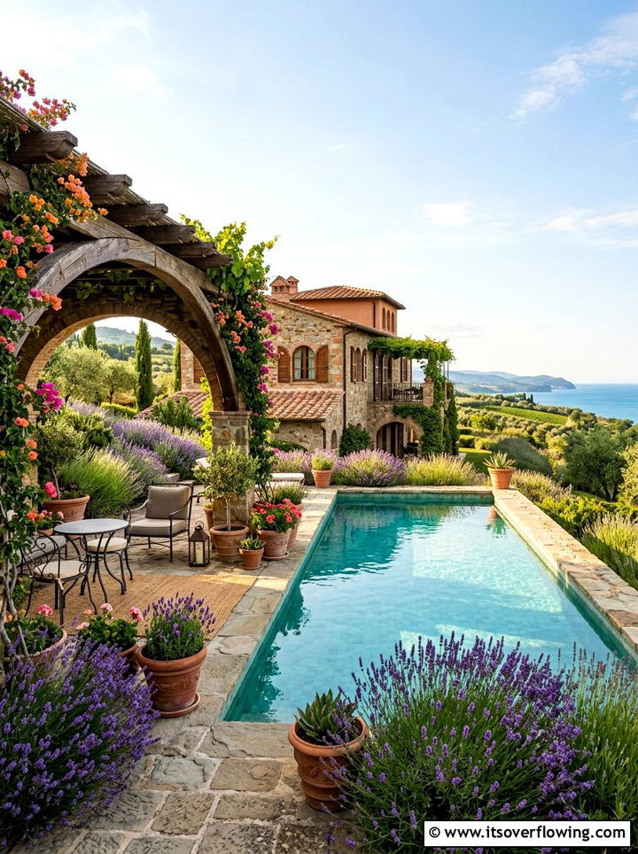 Mediterranean Pool With Arched Pergola - 25 backyard ideas with pool and pergola