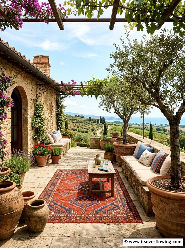 Mediterranean Stone Patio - 25 backyard decorating ideas with outdoor rugs