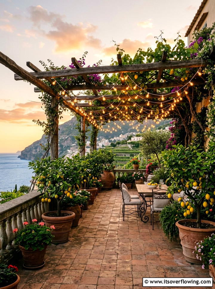 Mediterranean Terrace Pergola Warm Lights - 25 backyard decorating ideas with pergola string lights