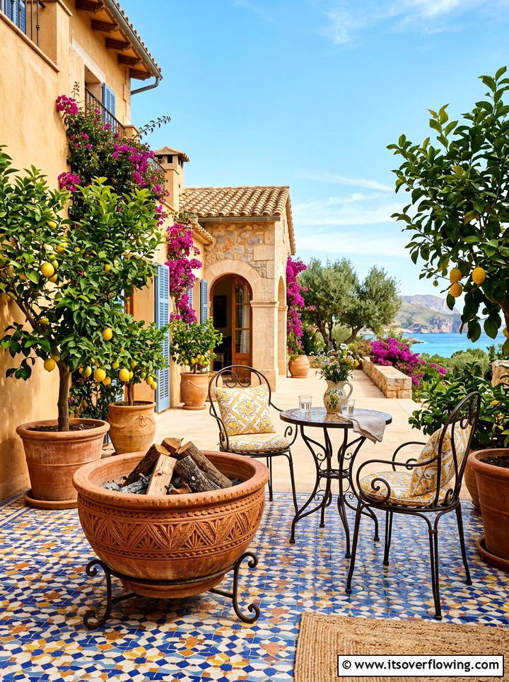 Mediterranean Tiled Patio - 25 backyard decorating ideas with tabletop fire bowls