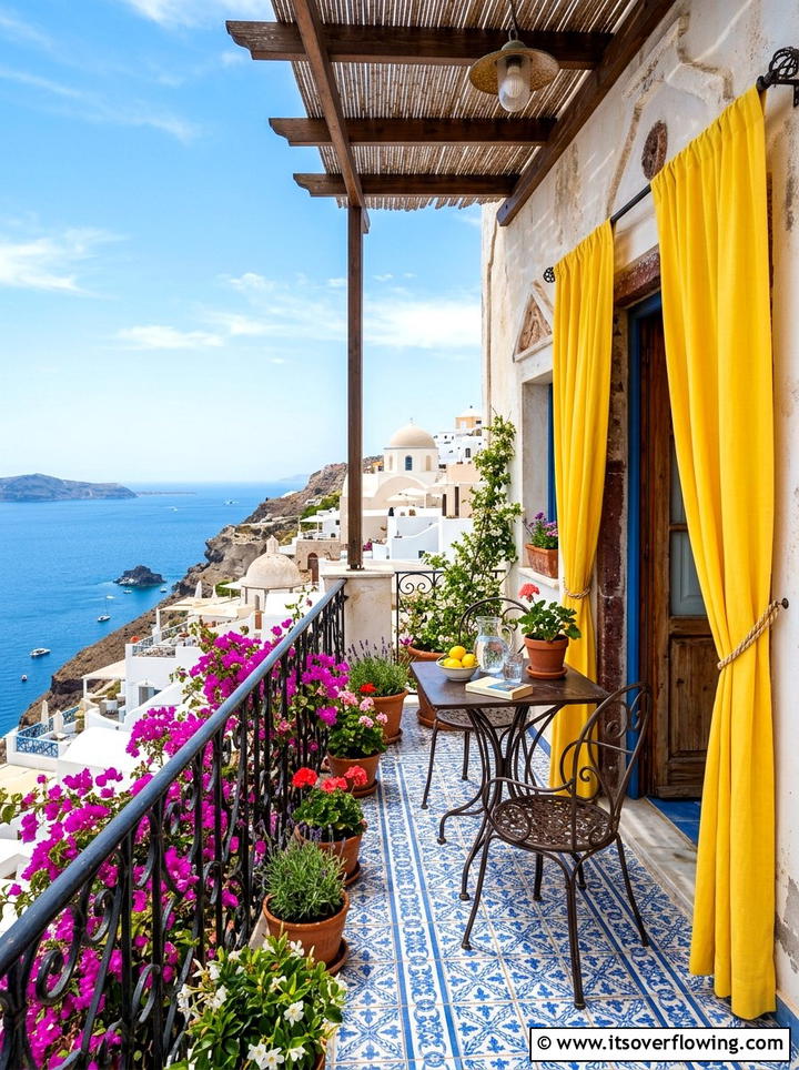 Mediterranean balcony with yellow curtains - 25 backyard decorating ideas with outdoor curtains