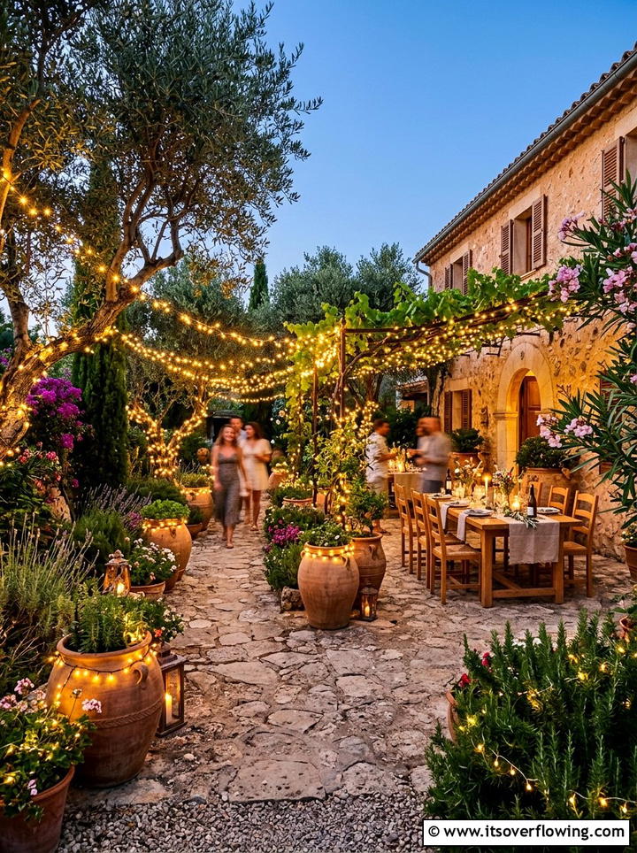 Mediterranean garden with festive string lights - 25 creative garden ideas with fairy light pathways