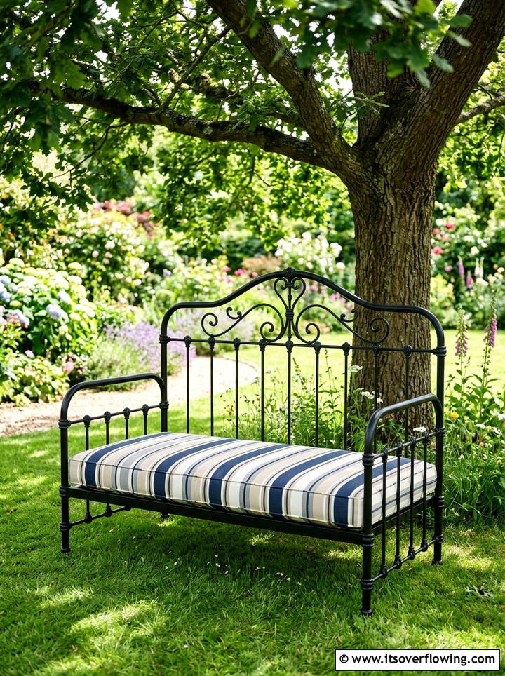 Metal Bed Frame Outdoor Seat - 25 backyard ideas with upcycled decor