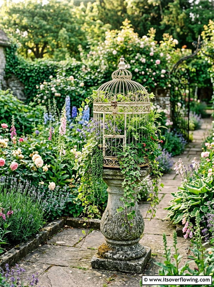 Metal Birdcage Planter - 25 upcycled garden ideas for front yards